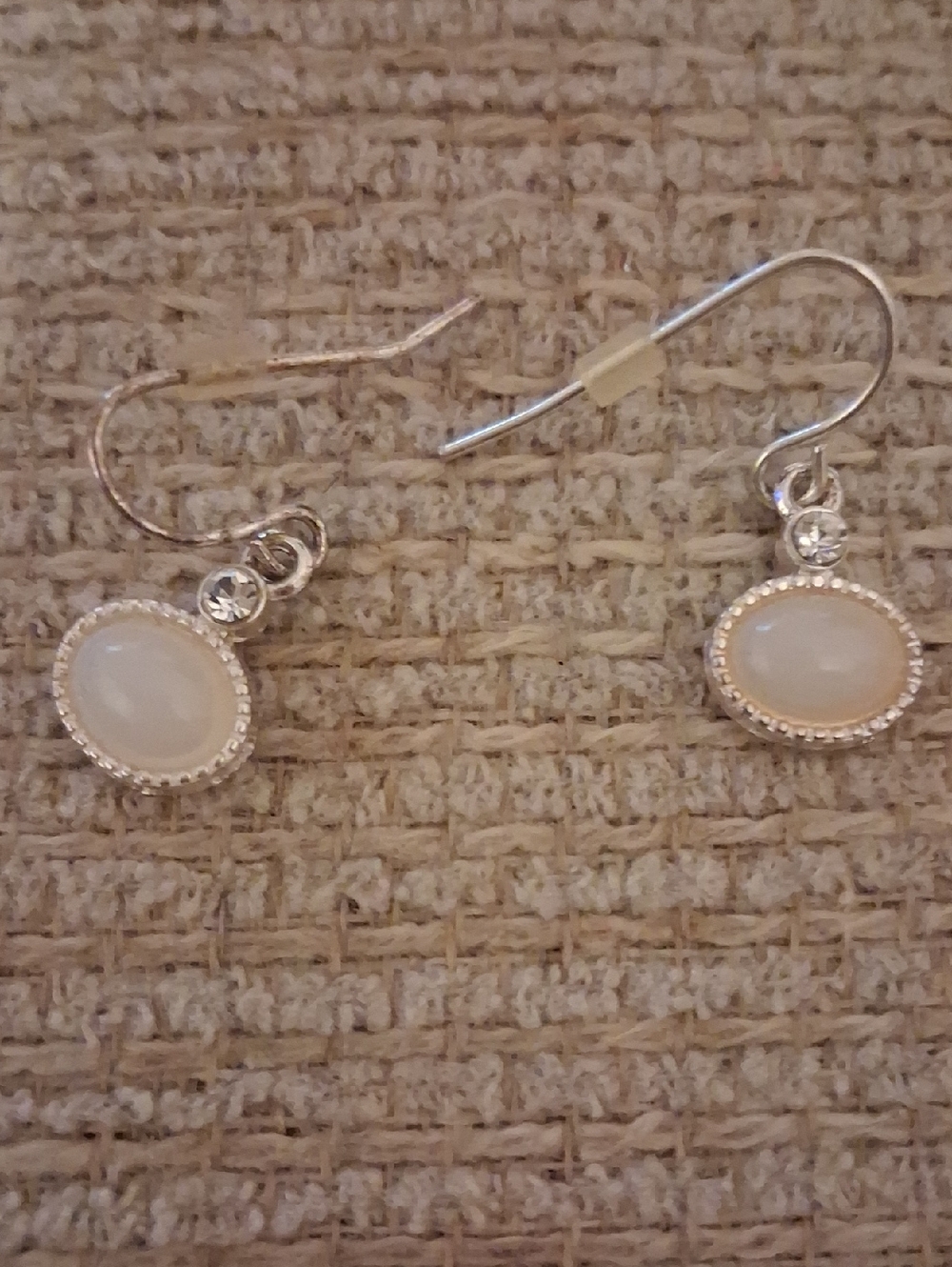 Dainty Silver Drop Earrings with Cream Cabochon and Crystal Accent